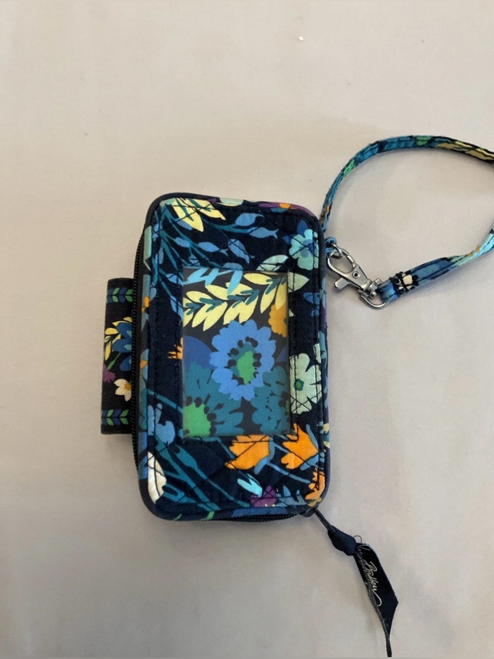 Vera Bradley Navy Blue Floral Wristlet ID Case with Yellow Accents